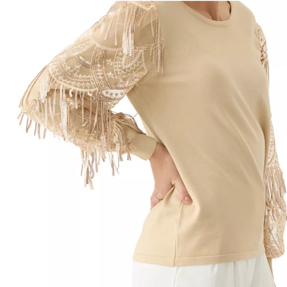 NWT Joseph A. Women's Mixed Media Lace Sequins Sleeve Sweater Khaki Size Large - Picture 2 of 6